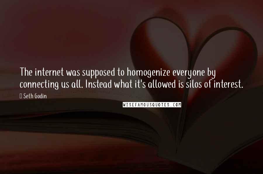 Seth Godin Quotes: The internet was supposed to homogenize everyone by connecting us all. Instead what it's allowed is silos of interest.