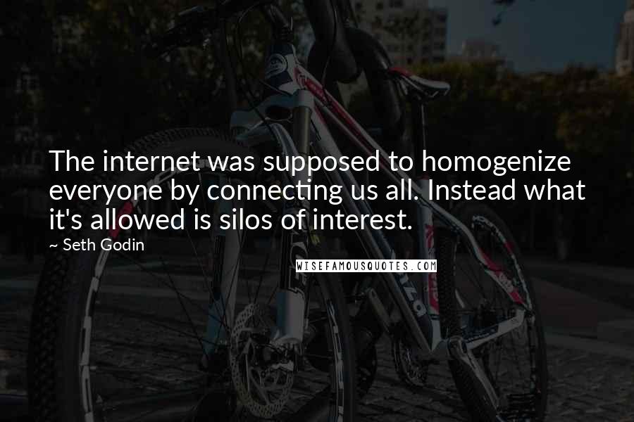 Seth Godin Quotes: The internet was supposed to homogenize everyone by connecting us all. Instead what it's allowed is silos of interest.