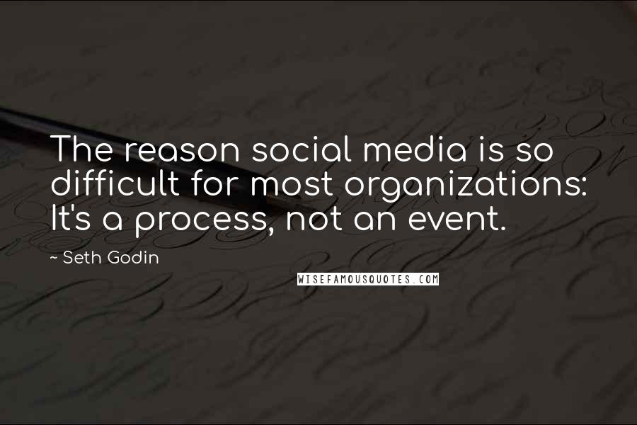 Seth Godin Quotes: The reason social media is so difficult for most organizations: It's a process, not an event.