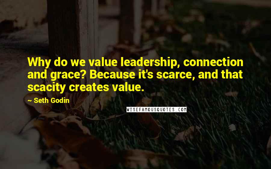 Seth Godin Quotes: Why do we value leadership, connection and grace? Because it's scarce, and that scacity creates value.