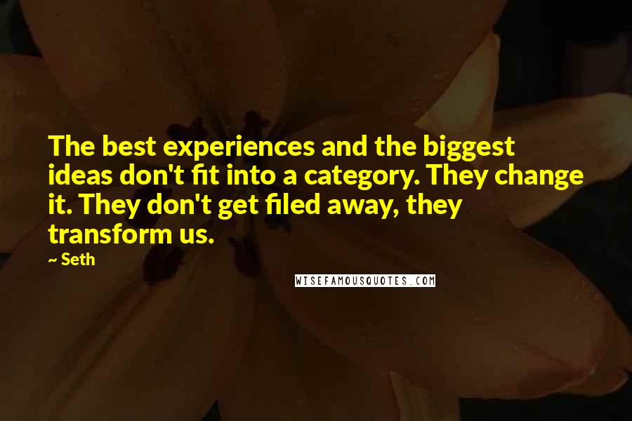 Seth Quotes: The best experiences and the biggest ideas don't fit into a category. They change it. They don't get filed away, they transform us.