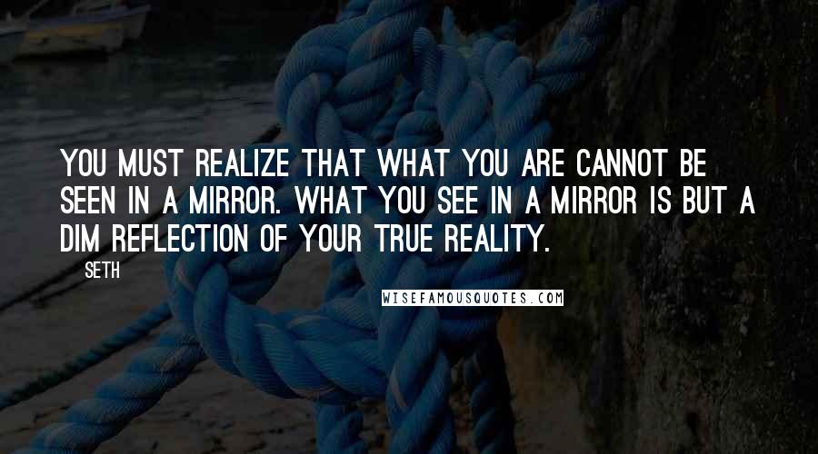 Seth Quotes: You must realize that what you are cannot be seen in a mirror. What you see in a mirror is but a dim reflection of your true reality.