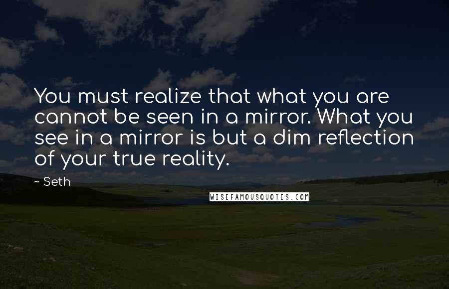 Seth Quotes: You must realize that what you are cannot be seen in a mirror. What you see in a mirror is but a dim reflection of your true reality.