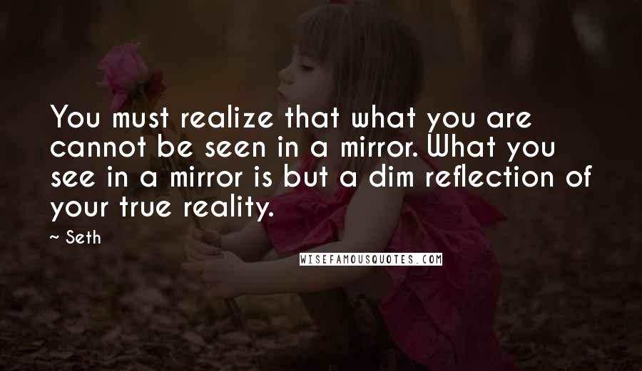 Seth Quotes: You must realize that what you are cannot be seen in a mirror. What you see in a mirror is but a dim reflection of your true reality.