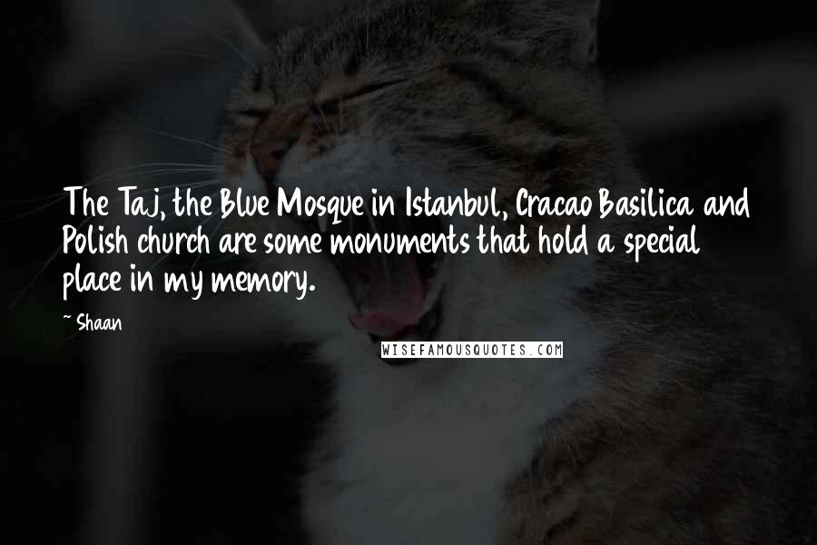 Shaan Quotes: The Taj, the Blue Mosque in Istanbul, Cracao Basilica and Polish church are some monuments that hold a special place in my memory.