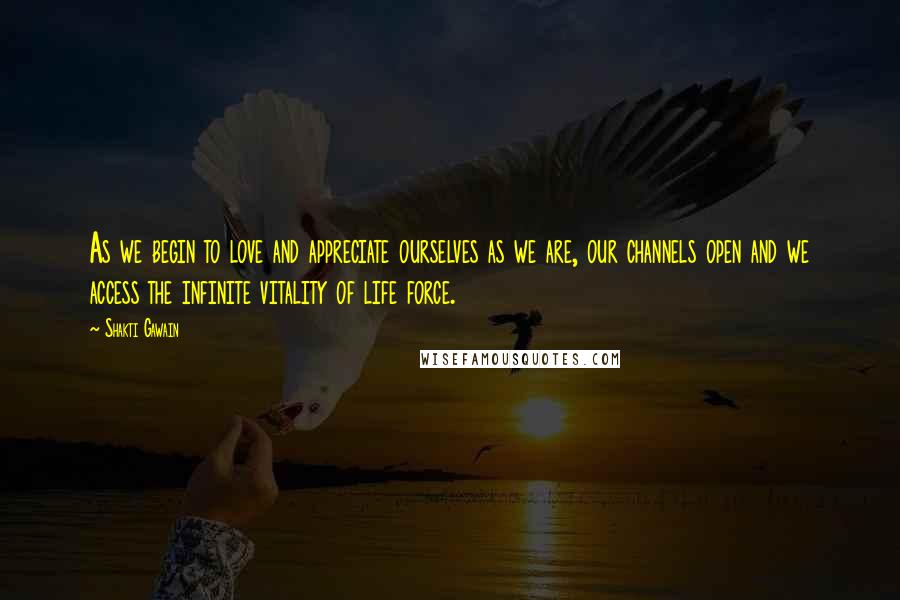 Shakti Gawain Quotes: As we begin to love and appreciate ourselves as we are, our channels open and we access the infinite vitality of life force.