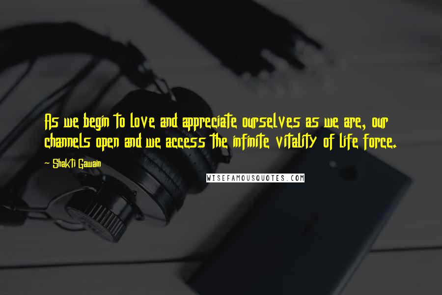 Shakti Gawain Quotes: As we begin to love and appreciate ourselves as we are, our channels open and we access the infinite vitality of life force.