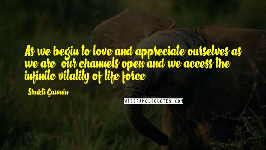 Shakti Gawain Quotes: As we begin to love and appreciate ourselves as we are, our channels open and we access the infinite vitality of life force.