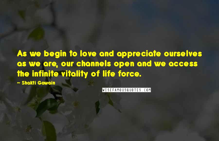 Shakti Gawain Quotes: As we begin to love and appreciate ourselves as we are, our channels open and we access the infinite vitality of life force.