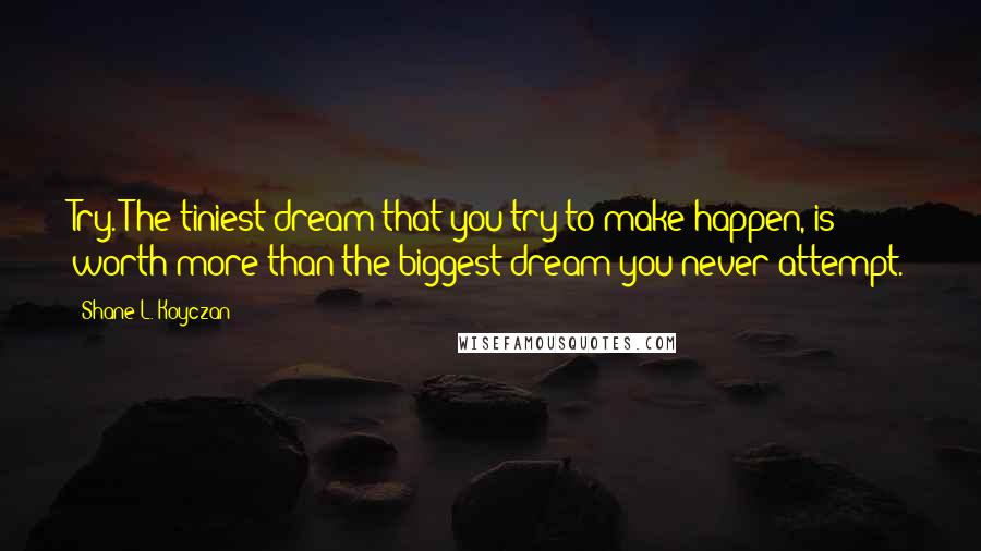 Shane L. Koyczan Quotes: Try. The tiniest dream that you try to make happen, is worth more than the biggest dream you never attempt.