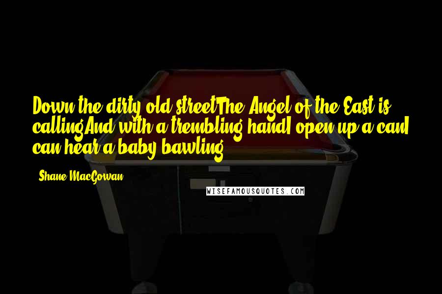 Shane MacGowan Quotes: Down the dirty old streetThe Angel of the East is callingAnd with a trembling handI open up a canI can hear a baby bawling