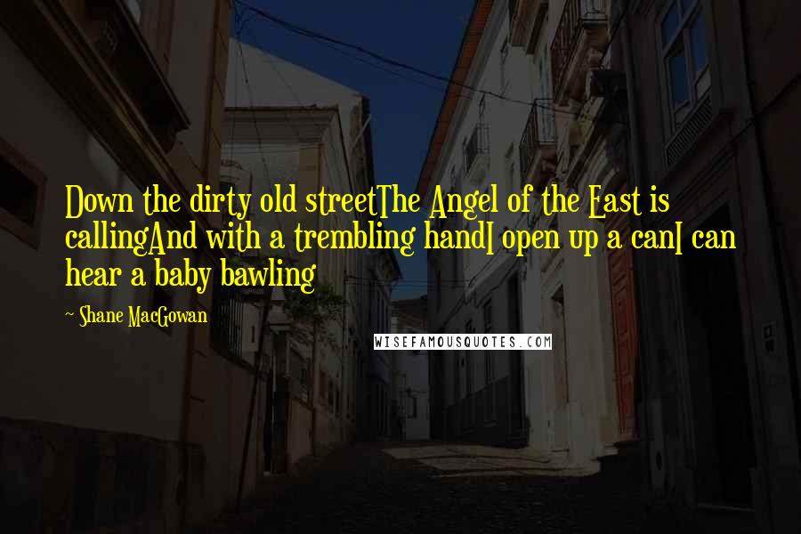 Shane MacGowan Quotes: Down the dirty old streetThe Angel of the East is callingAnd with a trembling handI open up a canI can hear a baby bawling