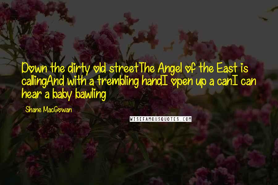 Shane MacGowan Quotes: Down the dirty old streetThe Angel of the East is callingAnd with a trembling handI open up a canI can hear a baby bawling