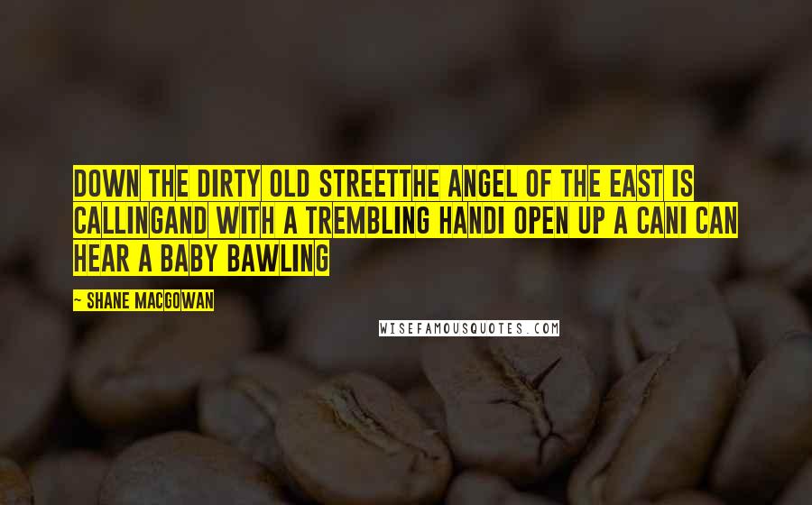 Shane MacGowan Quotes: Down the dirty old streetThe Angel of the East is callingAnd with a trembling handI open up a canI can hear a baby bawling