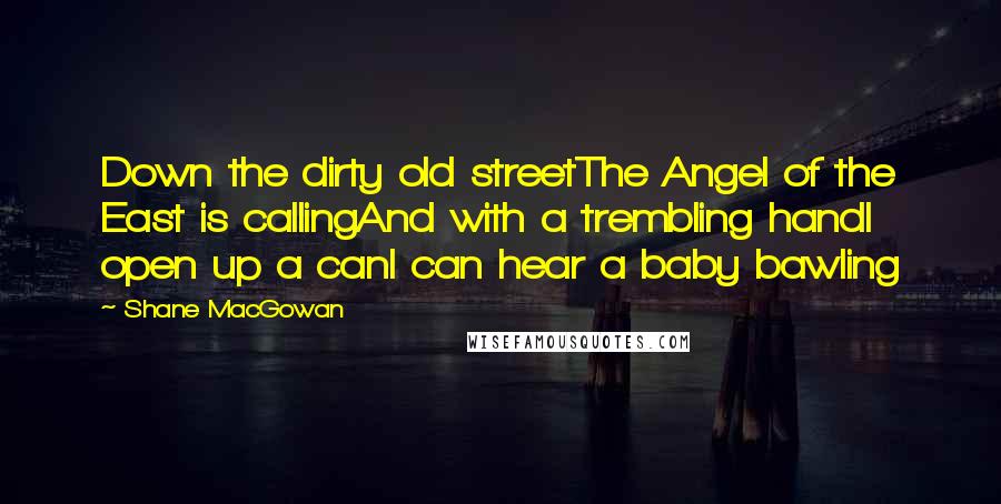 Shane MacGowan Quotes: Down the dirty old streetThe Angel of the East is callingAnd with a trembling handI open up a canI can hear a baby bawling