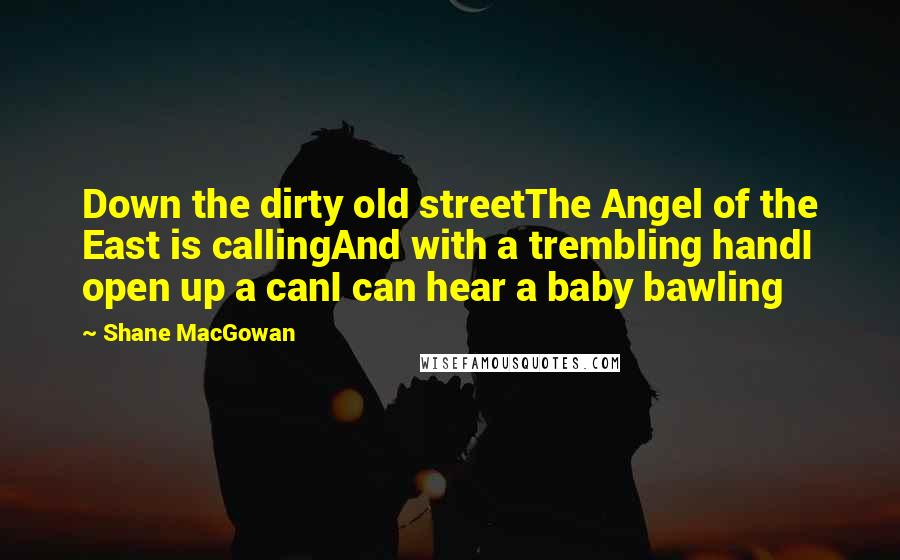 Shane MacGowan Quotes: Down the dirty old streetThe Angel of the East is callingAnd with a trembling handI open up a canI can hear a baby bawling