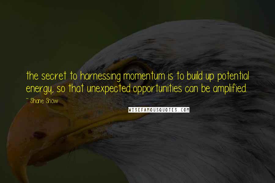 Shane Snow Quotes: the secret to harnessing momentum is to build up potential energy, so that unexpected opportunities can be amplified.