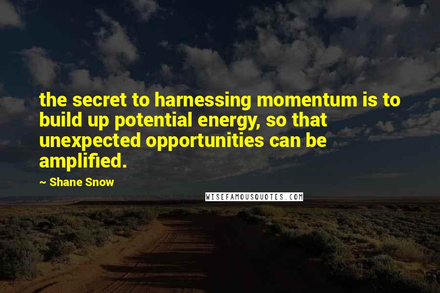 Shane Snow Quotes: the secret to harnessing momentum is to build up potential energy, so that unexpected opportunities can be amplified.