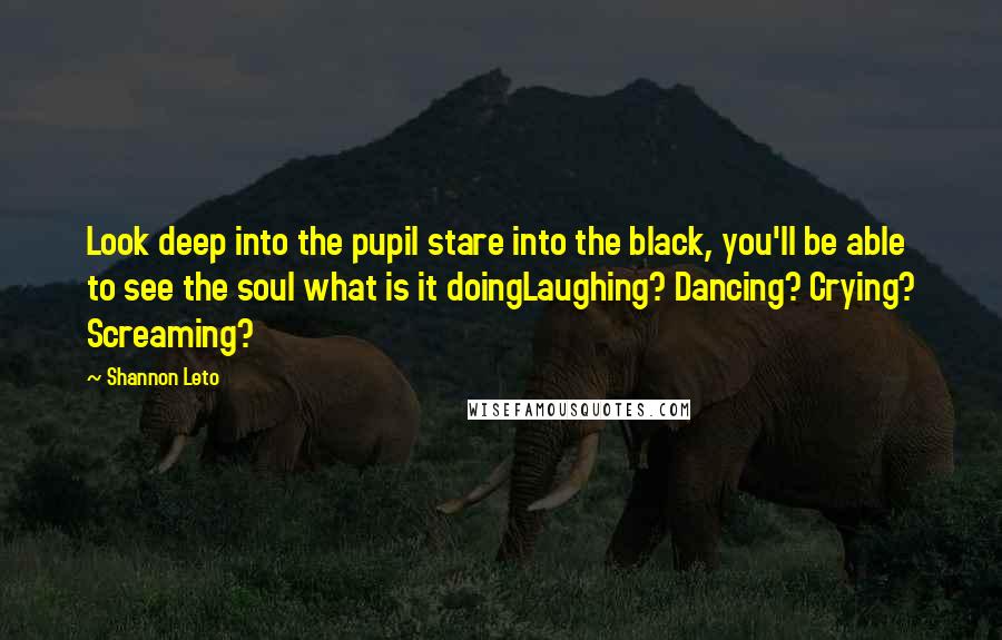 Shannon Leto Quotes: Look deep into the pupil stare into the black, you'll be able to see the soul what is it doingLaughing? Dancing? Crying? Screaming?