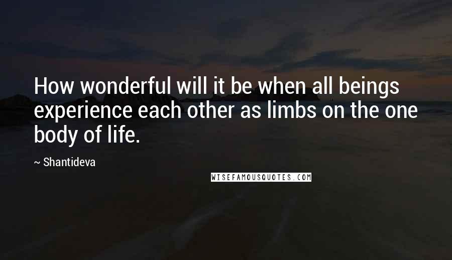Shantideva Quotes: How wonderful will it be when all beings experience each other as limbs on the one body of life.