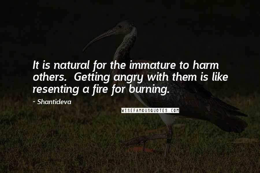 Shantideva Quotes: It is natural for the immature to harm others.  Getting angry with them is like resenting a fire for burning.