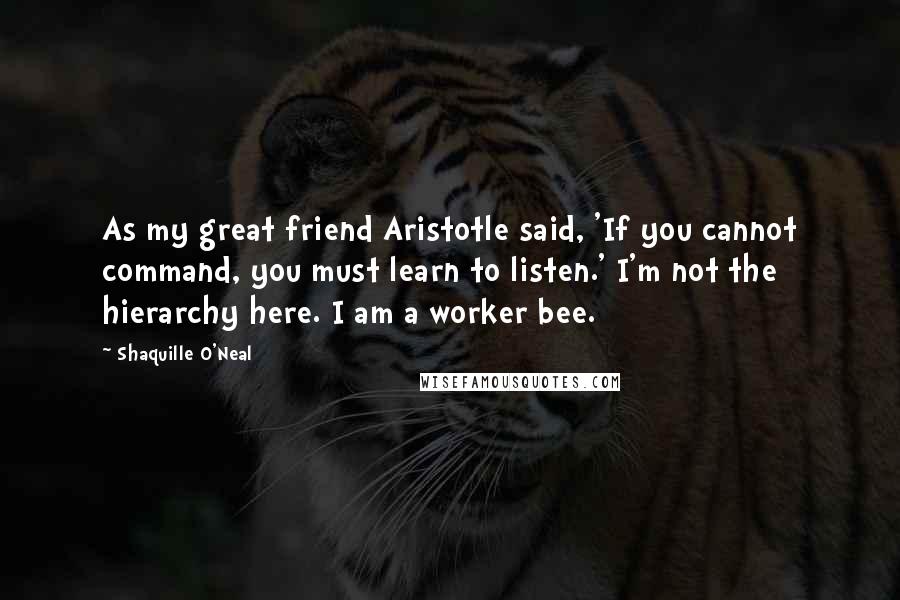 Shaquille O'Neal Quotes: As my great friend Aristotle said, 'If you cannot command, you must learn to listen.' I'm not the hierarchy here. I am a worker bee.