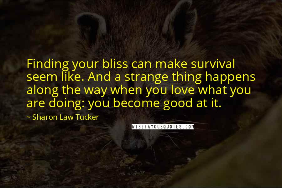 Sharon Law Tucker Quotes: Finding your bliss can make survival seem like. And a strange thing happens along the way when you love what you are doing: you become good at it.