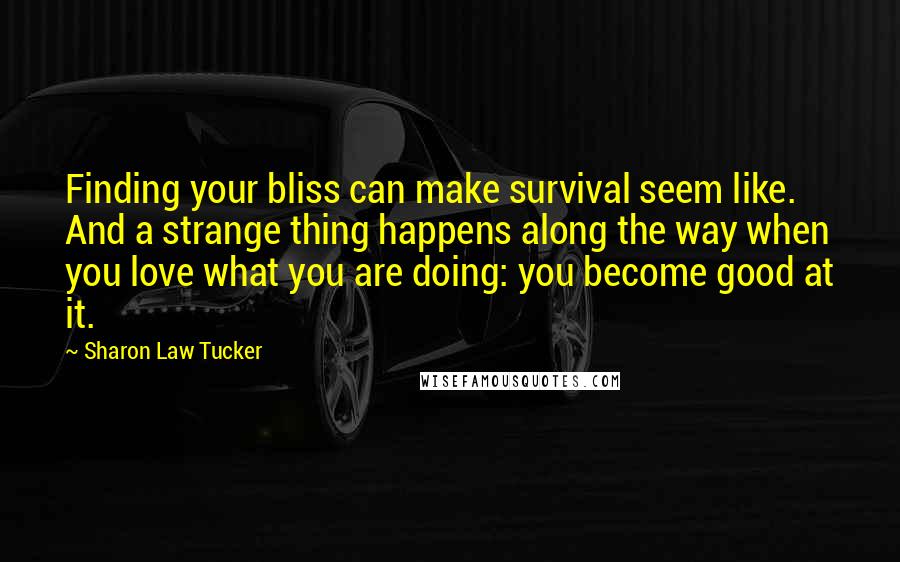 Sharon Law Tucker Quotes: Finding your bliss can make survival seem like. And a strange thing happens along the way when you love what you are doing: you become good at it.