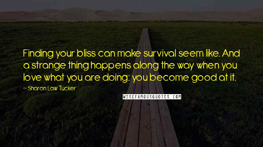 Sharon Law Tucker Quotes: Finding your bliss can make survival seem like. And a strange thing happens along the way when you love what you are doing: you become good at it.