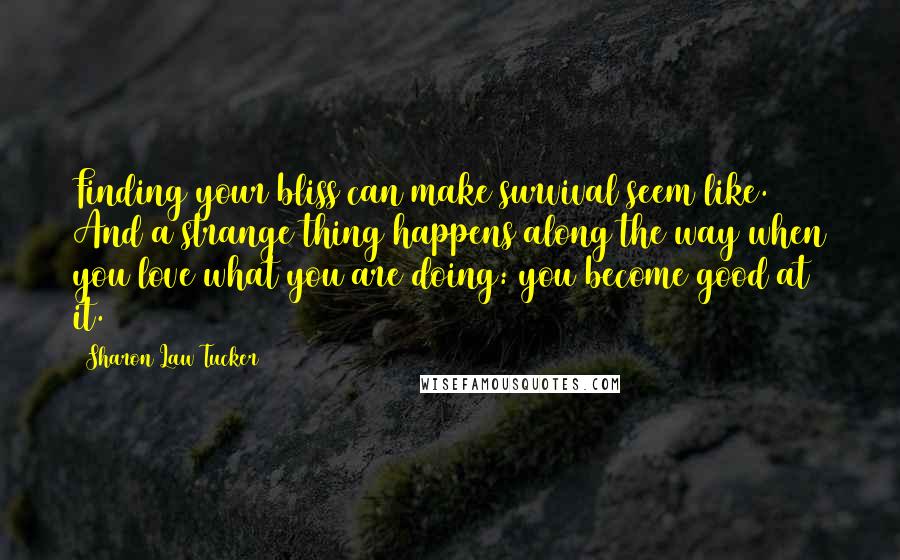 Sharon Law Tucker Quotes: Finding your bliss can make survival seem like. And a strange thing happens along the way when you love what you are doing: you become good at it.