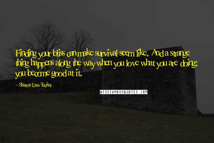 Sharon Law Tucker Quotes: Finding your bliss can make survival seem like. And a strange thing happens along the way when you love what you are doing: you become good at it.