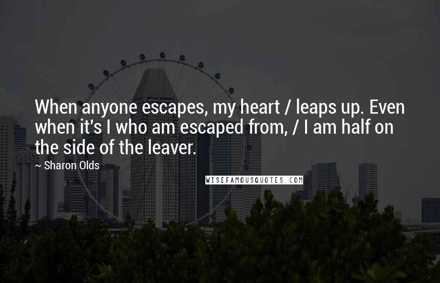 Sharon Olds Quotes: When anyone escapes, my heart / leaps up. Even when it's I who am escaped from, / I am half on the side of the leaver.