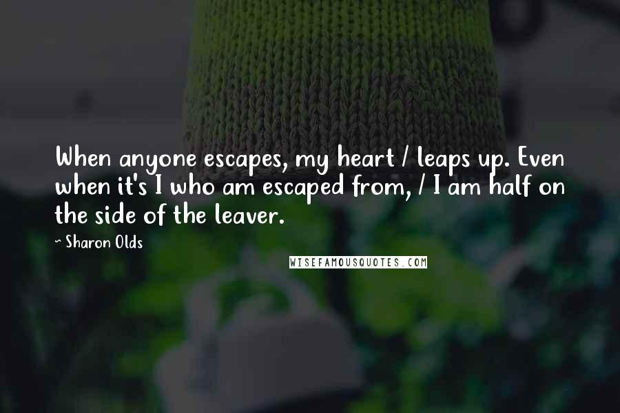 Sharon Olds Quotes: When anyone escapes, my heart / leaps up. Even when it's I who am escaped from, / I am half on the side of the leaver.