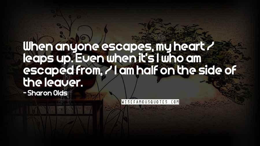 Sharon Olds Quotes: When anyone escapes, my heart / leaps up. Even when it's I who am escaped from, / I am half on the side of the leaver.