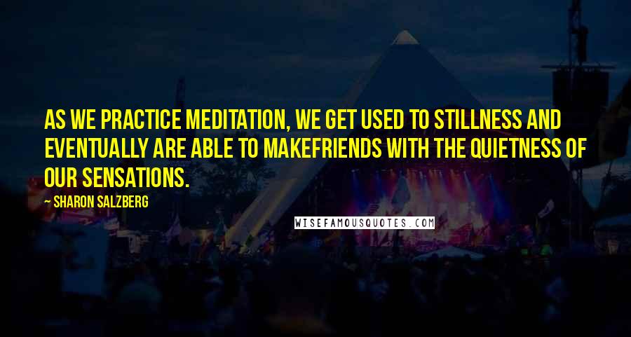 Sharon Salzberg Quotes: As we practice meditation, we get used to stillness and eventually are able to makefriends with the quietness of our sensations.