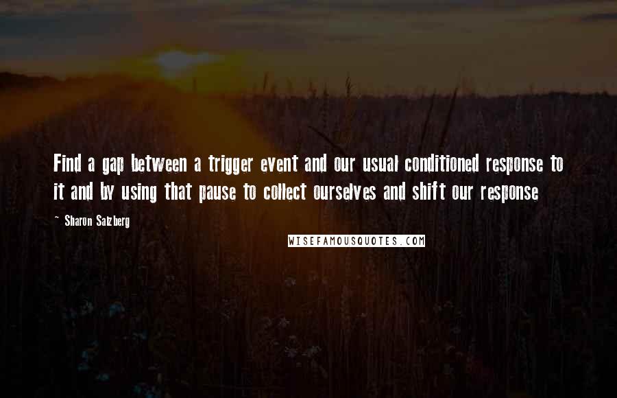 Sharon Salzberg Quotes: Find a gap between a trigger event and our usual conditioned response to it and by using that pause to collect ourselves and shift our response