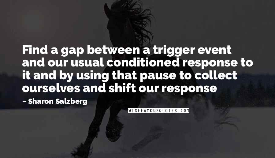 Sharon Salzberg Quotes: Find a gap between a trigger event and our usual conditioned response to it and by using that pause to collect ourselves and shift our response