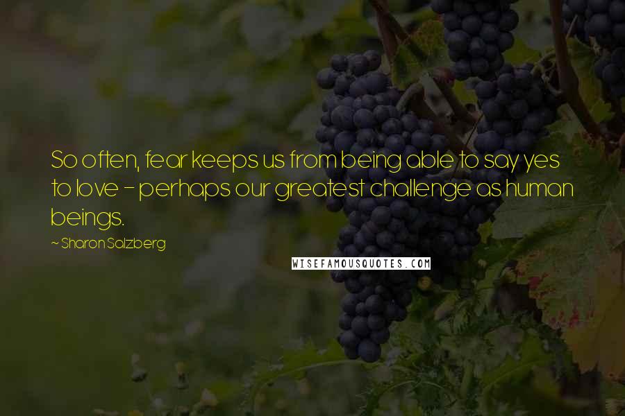 Sharon Salzberg Quotes: So often, fear keeps us from being able to say yes to love - perhaps our greatest challenge as human beings.