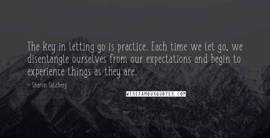 Sharon Salzberg Quotes: The key in letting go is practice. Each time we let go, we disentangle ourselves from our expectations and begin to experience things as they are.