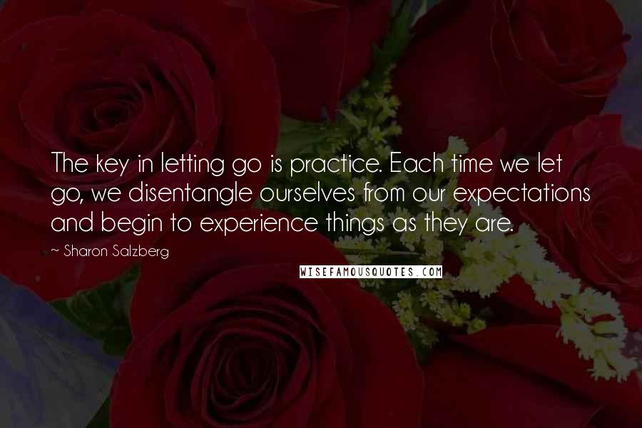 Sharon Salzberg Quotes: The key in letting go is practice. Each time we let go, we disentangle ourselves from our expectations and begin to experience things as they are.