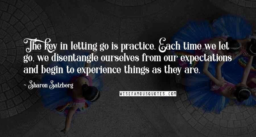 Sharon Salzberg Quotes: The key in letting go is practice. Each time we let go, we disentangle ourselves from our expectations and begin to experience things as they are.
