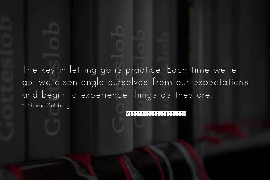 Sharon Salzberg Quotes: The key in letting go is practice. Each time we let go, we disentangle ourselves from our expectations and begin to experience things as they are.