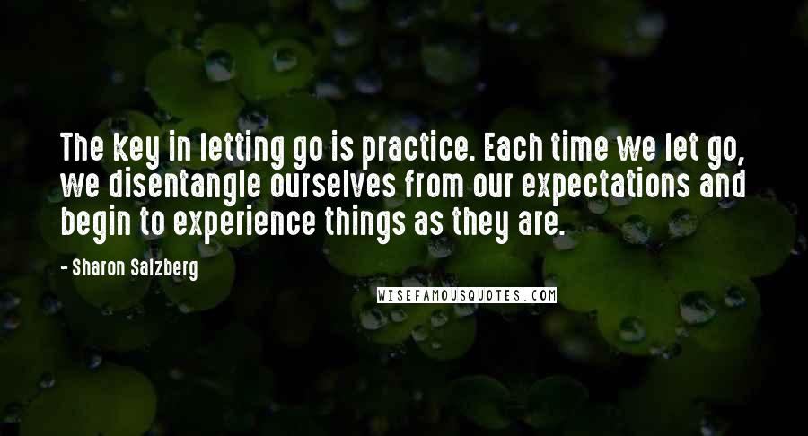 Sharon Salzberg Quotes: The key in letting go is practice. Each time we let go, we disentangle ourselves from our expectations and begin to experience things as they are.