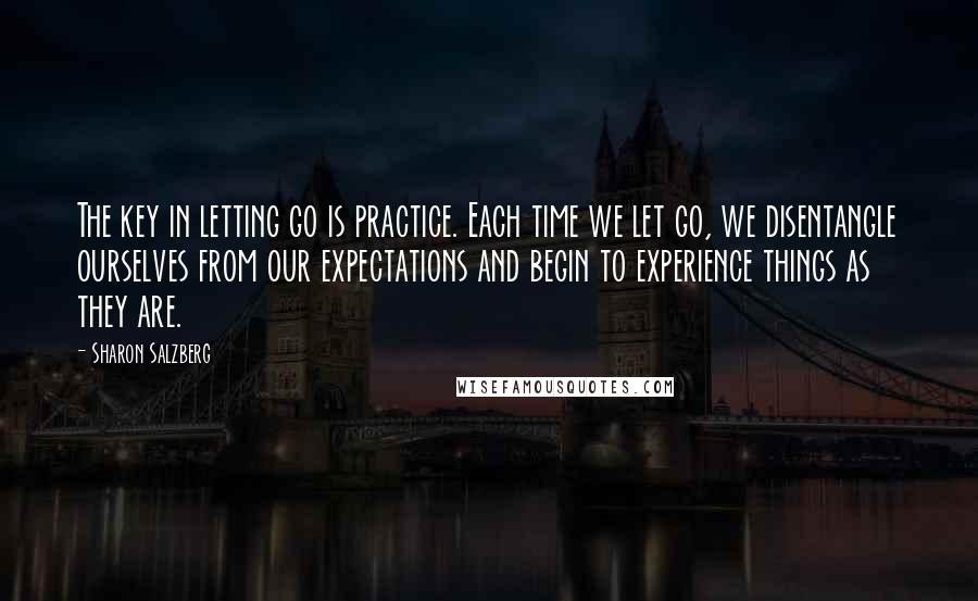 Sharon Salzberg Quotes: The key in letting go is practice. Each time we let go, we disentangle ourselves from our expectations and begin to experience things as they are.