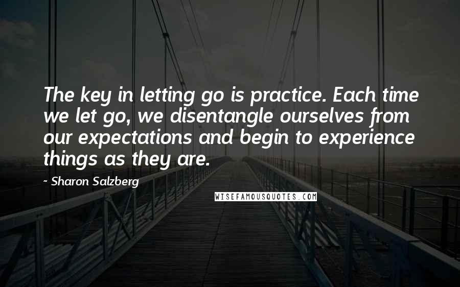 Sharon Salzberg Quotes: The key in letting go is practice. Each time we let go, we disentangle ourselves from our expectations and begin to experience things as they are.