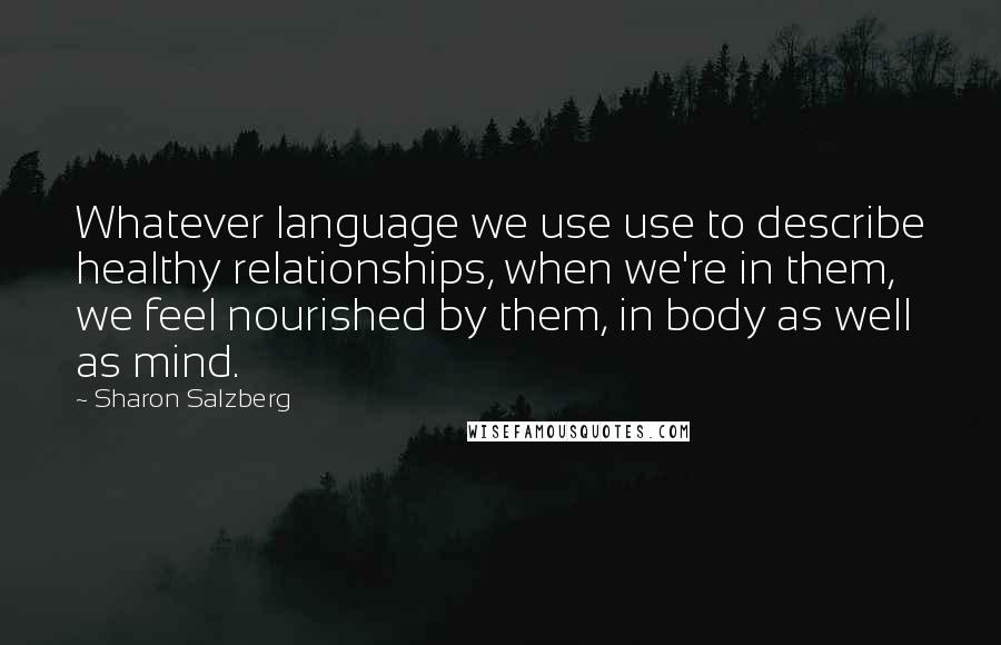 Sharon Salzberg Quotes: Whatever language we use use to describe healthy relationships, when we're in them, we feel nourished by them, in body as well as mind.