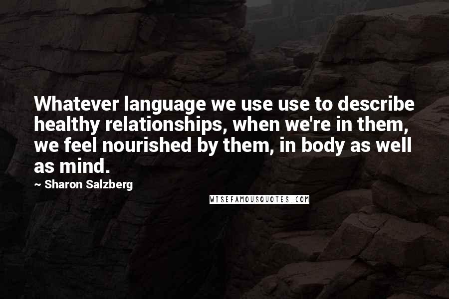 Sharon Salzberg Quotes: Whatever language we use use to describe healthy relationships, when we're in them, we feel nourished by them, in body as well as mind.