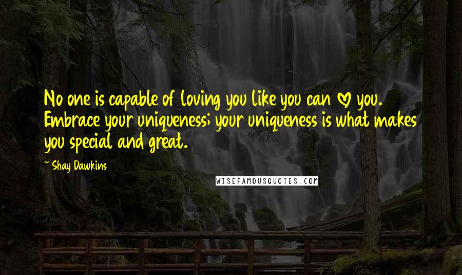 Shay Dawkins Quotes: No one is capable of loving you like you can love you. Embrace your uniqueness; your uniqueness is what makes you special and great.