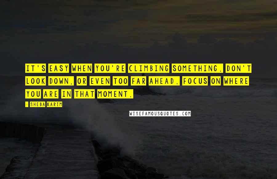 Sheba Karim Quotes: It's easy when you're climbing something. Don't look down, or even too far ahead. Focus on where you are in that moment.