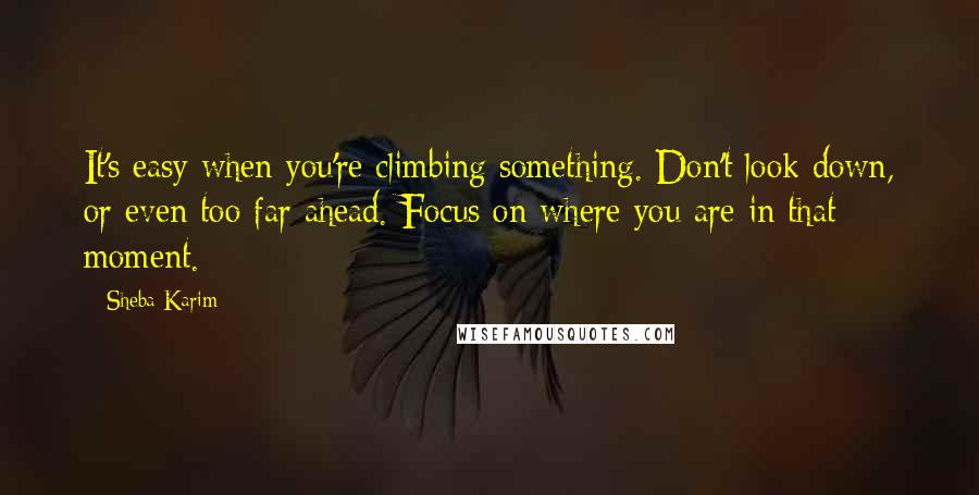 Sheba Karim Quotes: It's easy when you're climbing something. Don't look down, or even too far ahead. Focus on where you are in that moment.